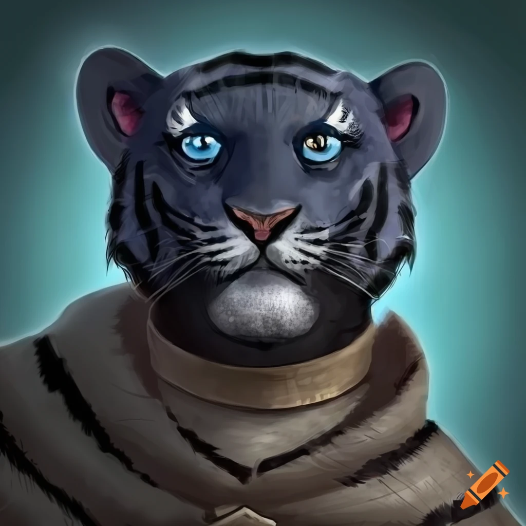 Cartoony portrait of a mischievous blue-eyed black tiger character from Elder Scrolls