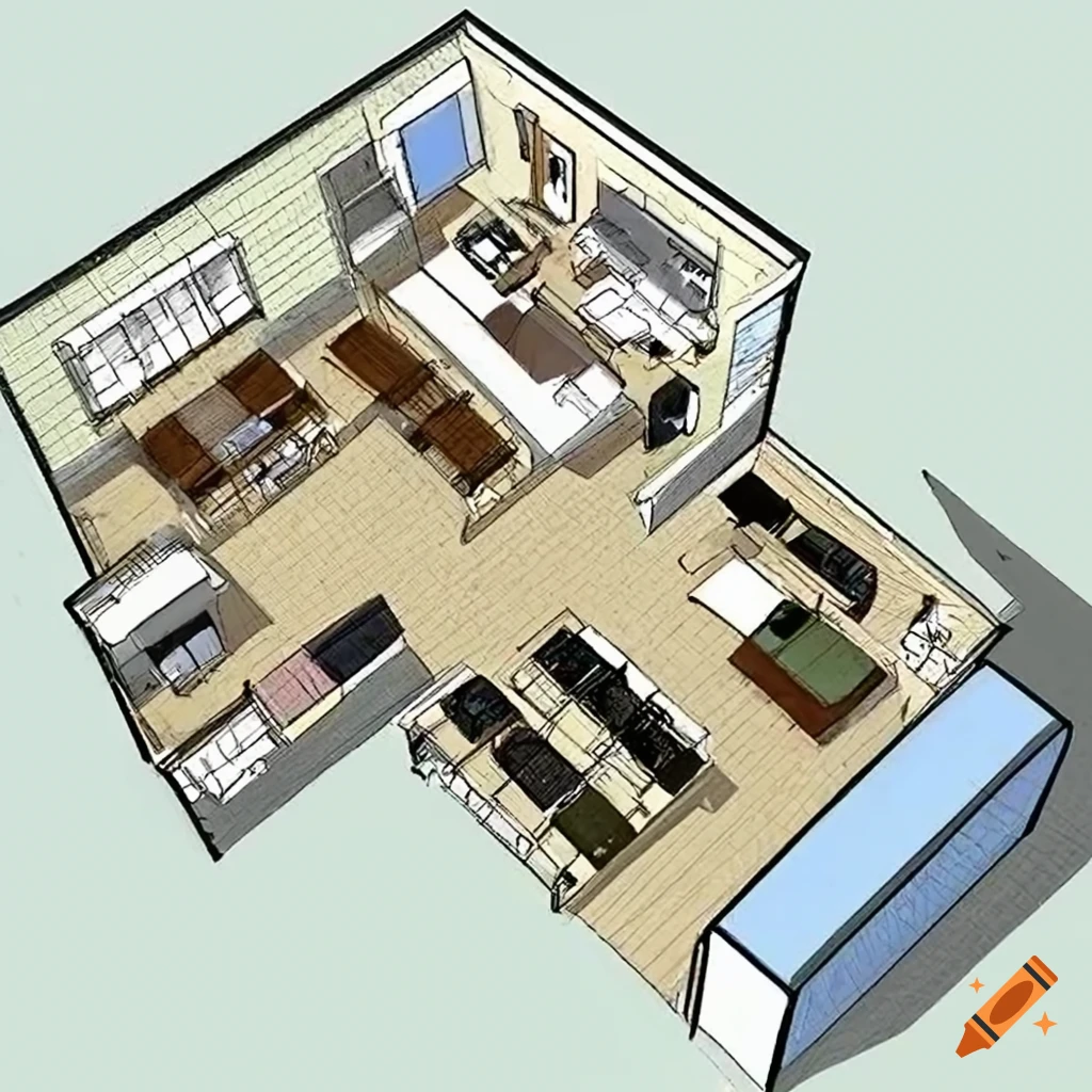 Floor plan of a house in SketchUp 3D style on Craiyon