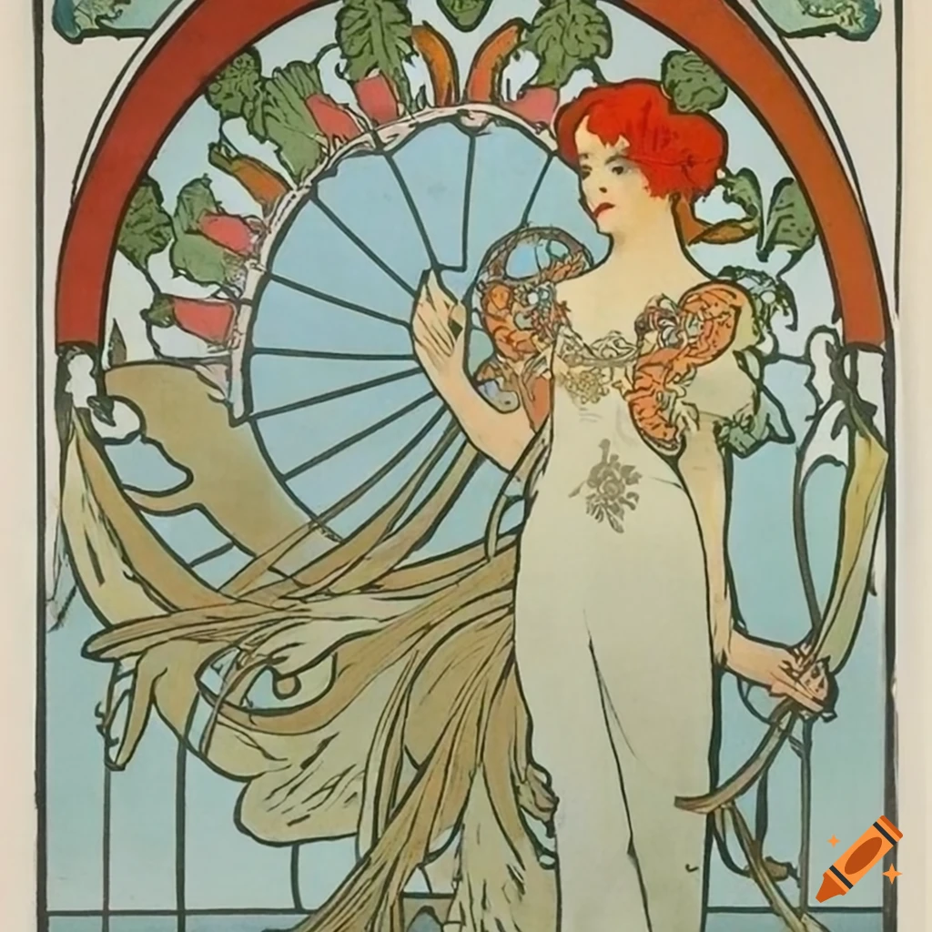 Jugendstil woodcut by Alphonse Mucha of a young man and woman in a minimalistic room
