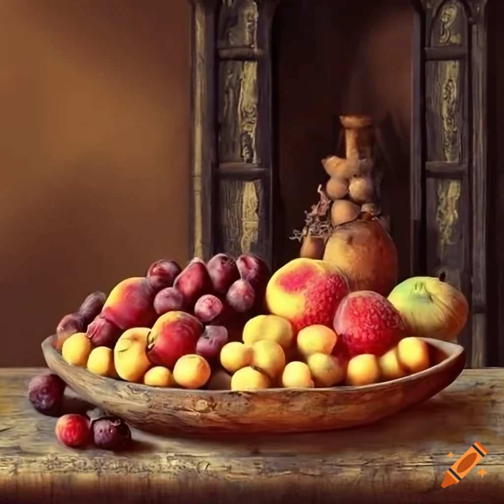 Medieval table filled with fruits in a medieval room in millet style on ...