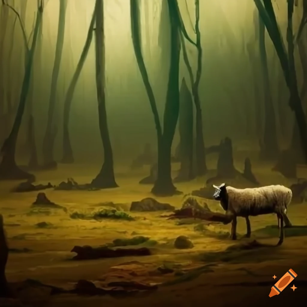 Forest ecology expert studying deforestation in a sheep-inhabited forest