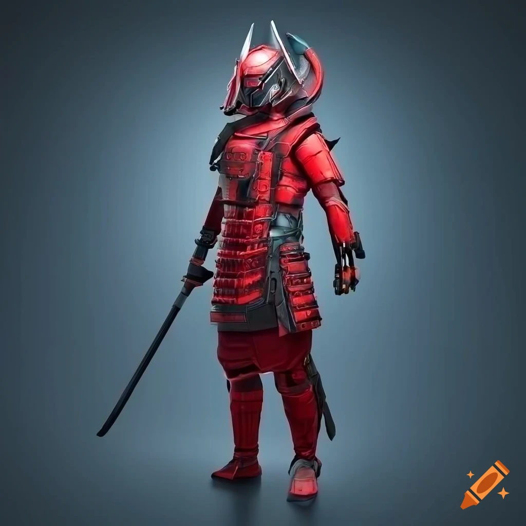 Front view of a sci-fi cybernetic samurai in red against white background