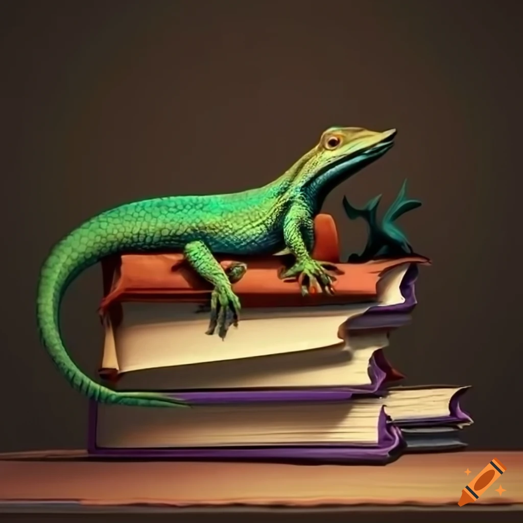 Lizard on top of books on Craiyon
