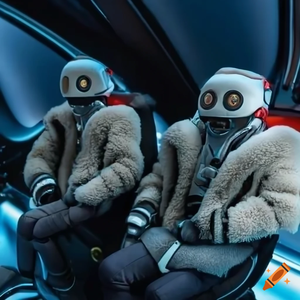 Futuristic scifi robots in sherpalined bomber jackets on a futuristic