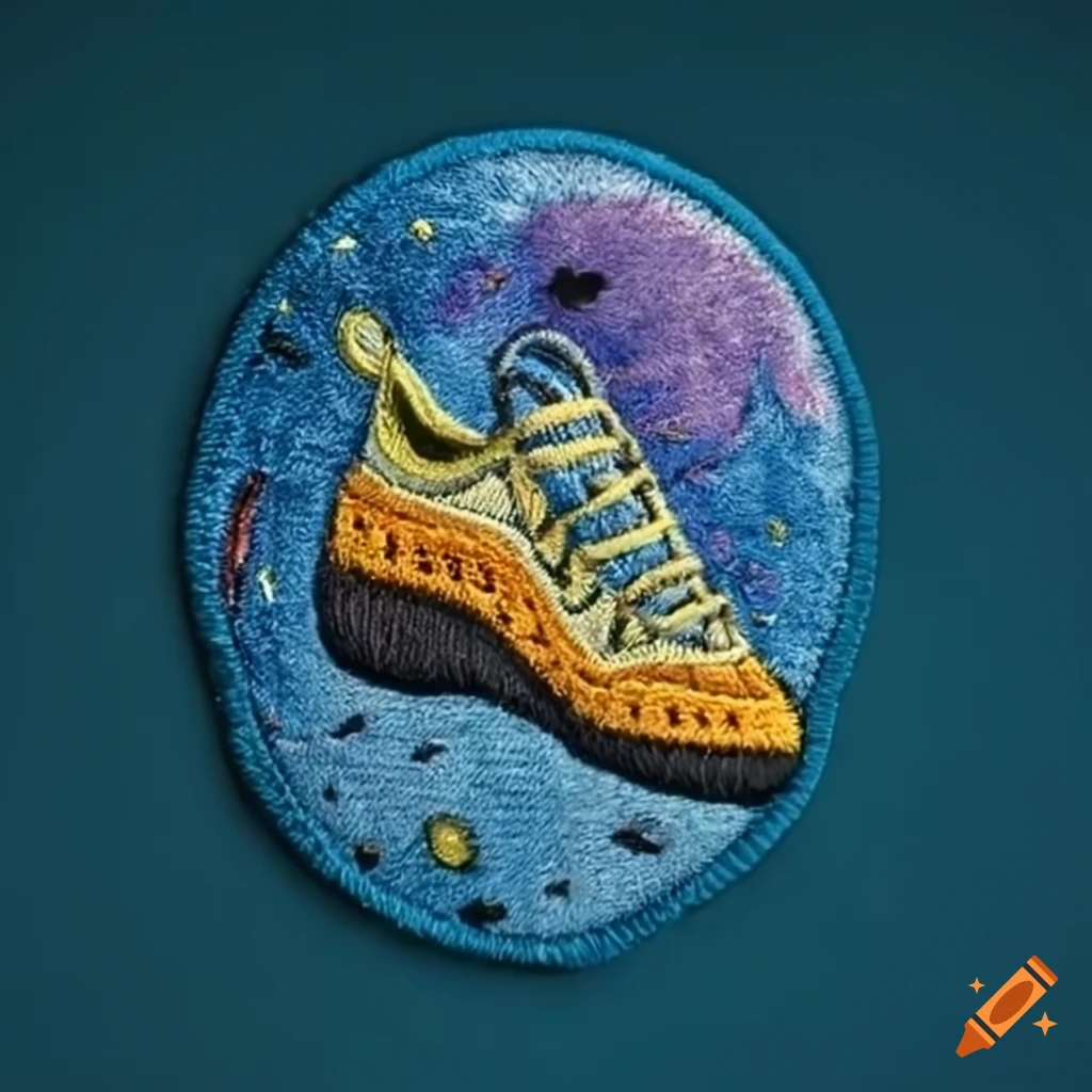 Embroidered patch of a climbing shoe on the moon on Craiyon