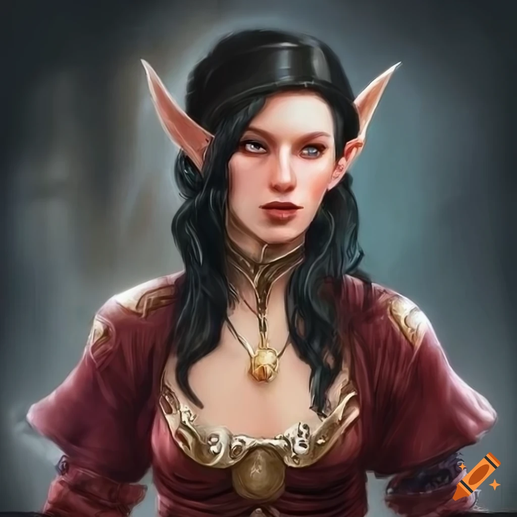 Portrait of a beautiful female elf with black hair and ornate gold ...
