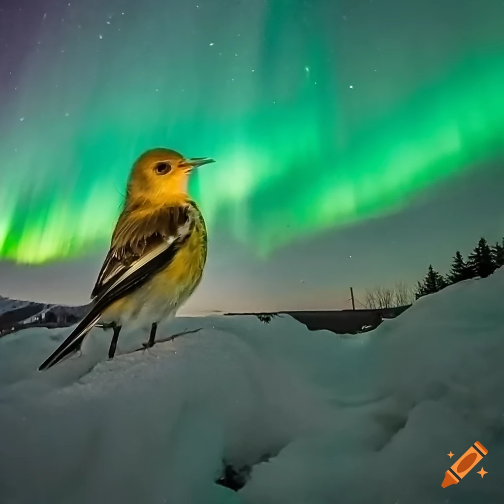 Bird in the snow with a hat watching the northern lights
