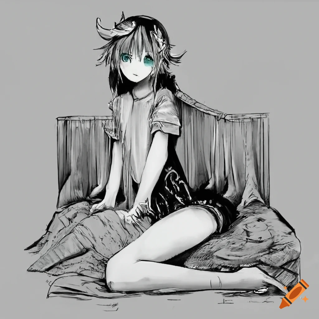 Kagamine Len reclining in bed in detailed horror manga art style