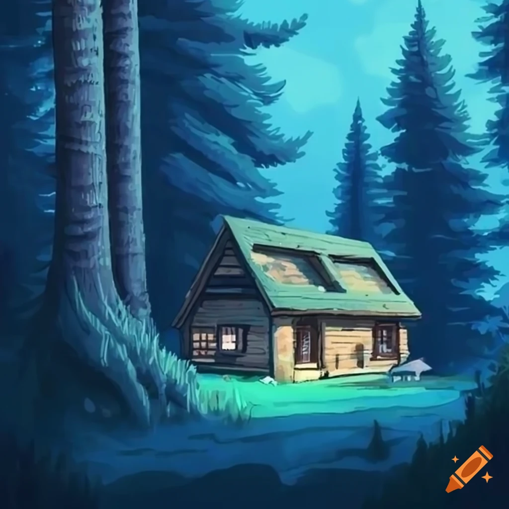 Cabin in a forest of blue spruces with a Ghibli style