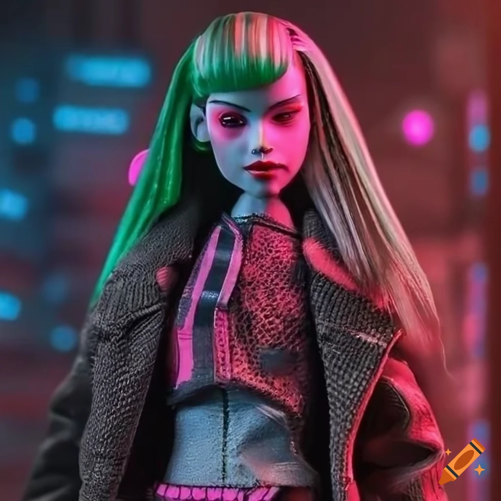 1/6th scale action figure with green hair and glowing neon pink eyes in a cyberpunk outfit