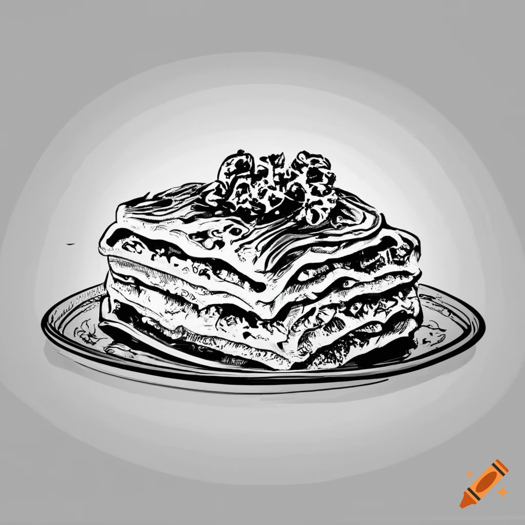 Traditional Bolognese lasagna dish in black and white illustration