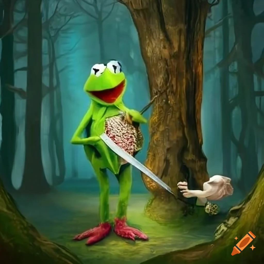 Kermit receiving a sword from lambchop in a magical forest with a