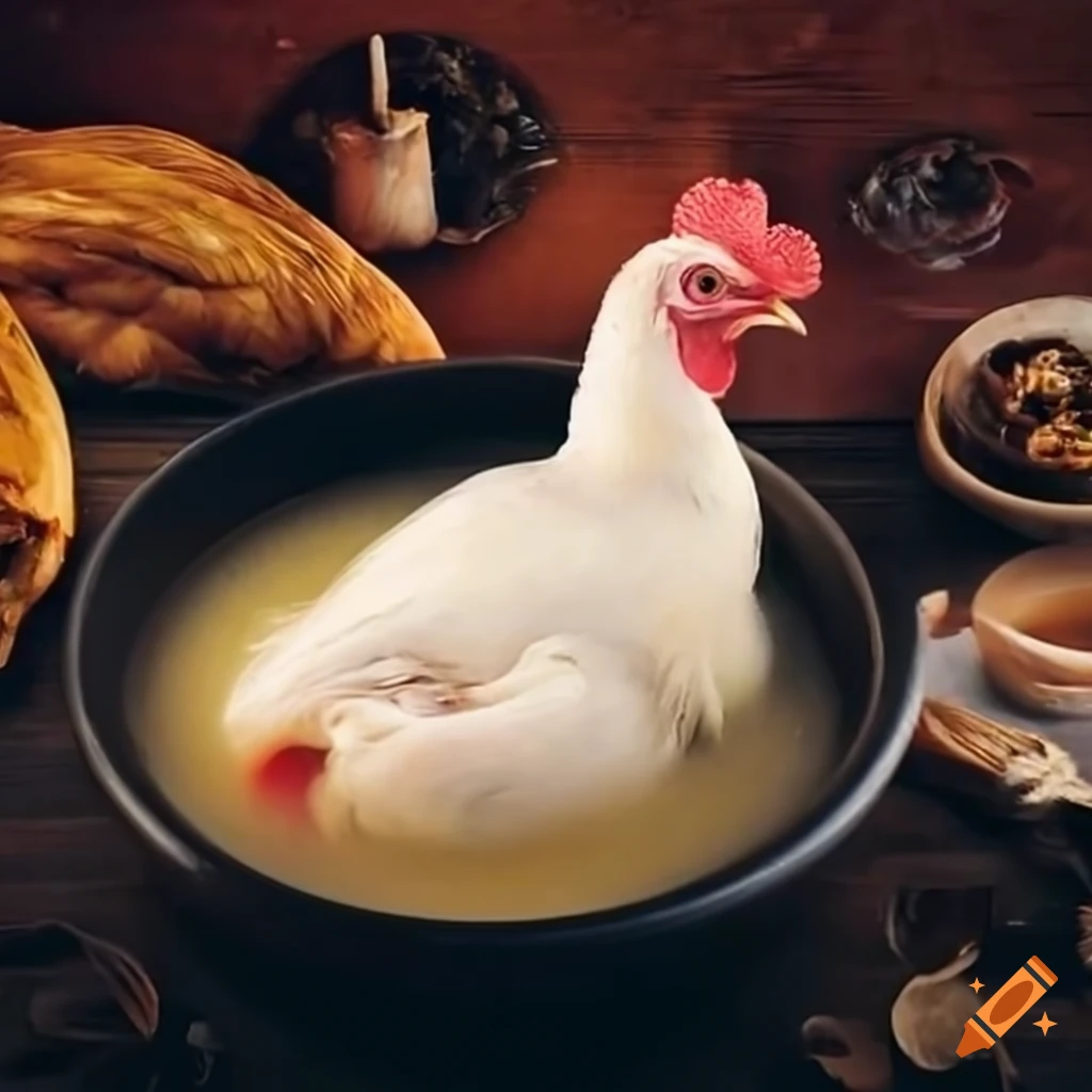 White chicken in a pot of chicken soup