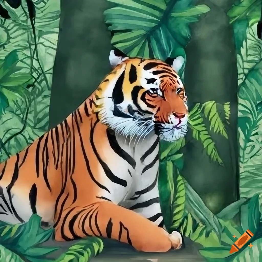 Watercolor jungle forest with a tiger
