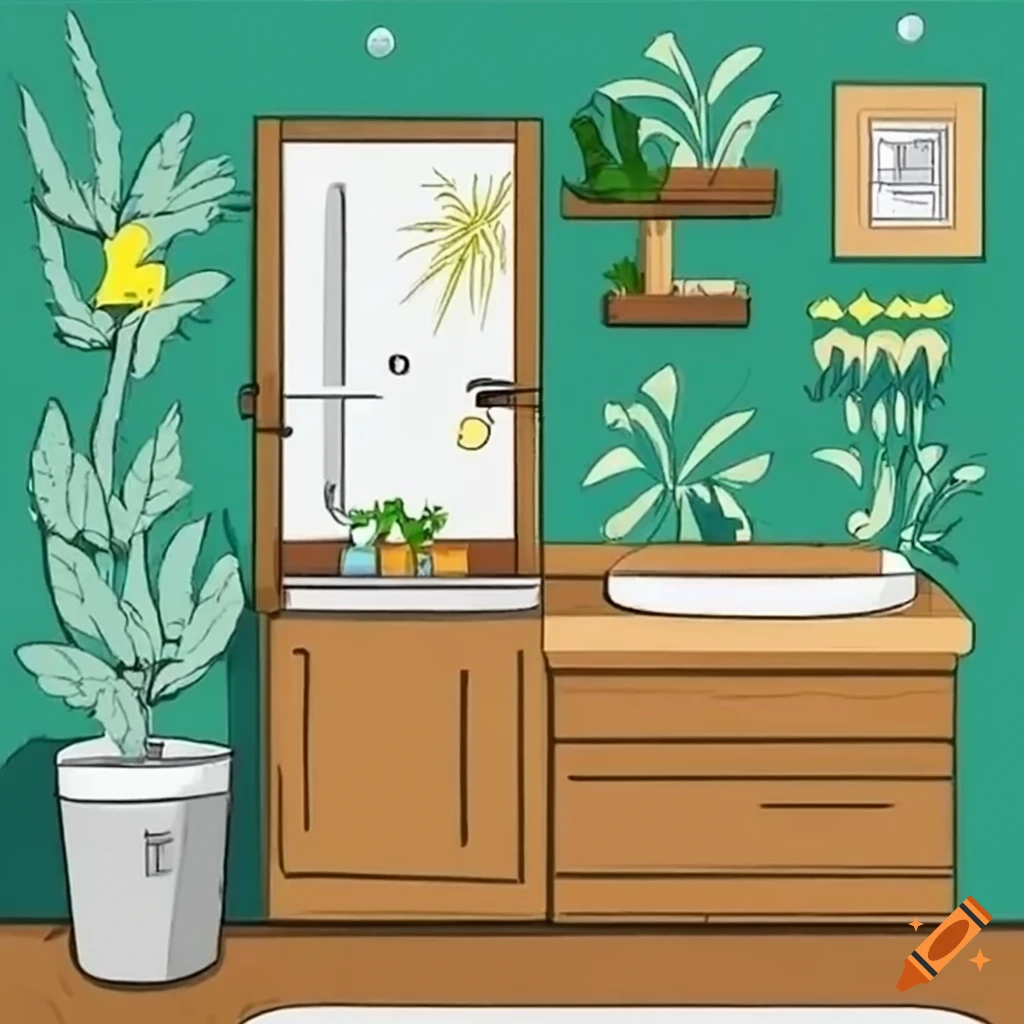 Modern zen bathroom with wood decor and plants in Simpsons style