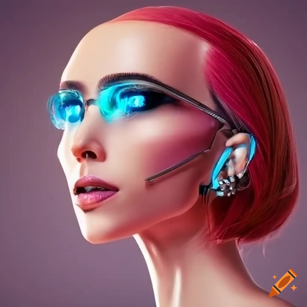 Robot woman with long straight brown hair, glasses, round face on Craiyon