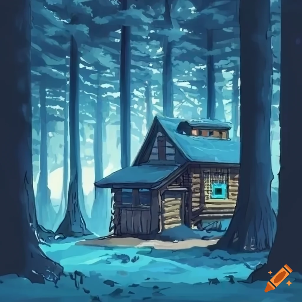 Cabin in a forest of blue spruces with a Ghibli style