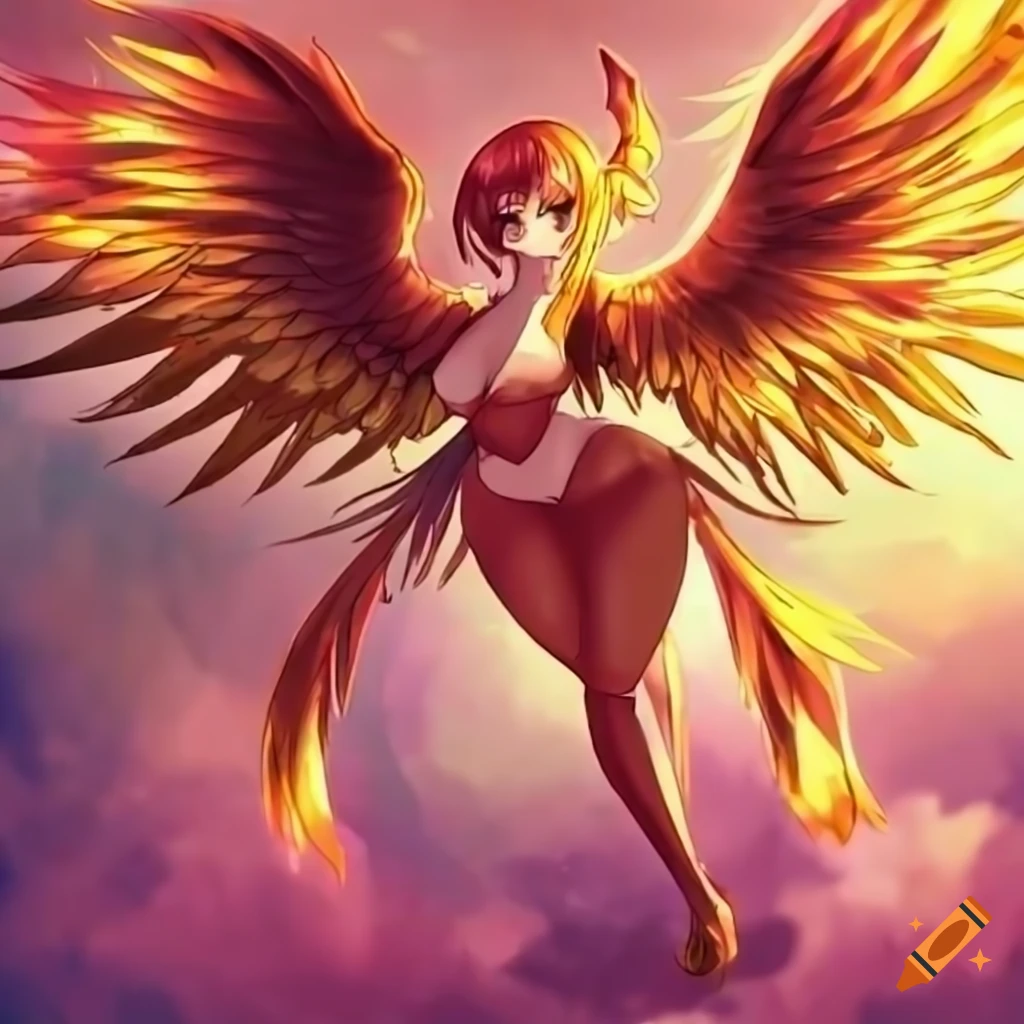 Cute anime phoenix girl with 6 wings