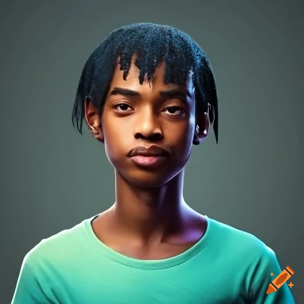 Black young man with straight black hair wearing an aqua t-shirt