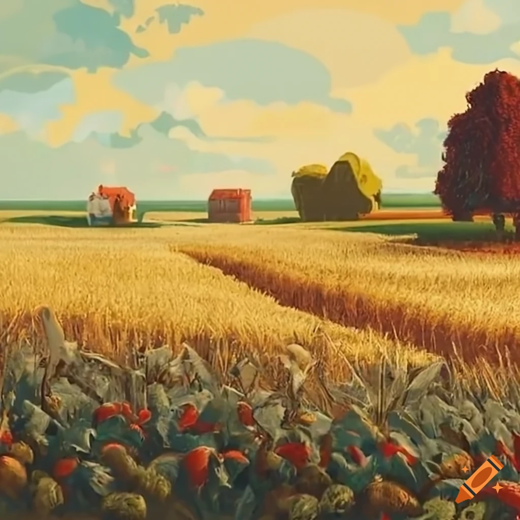Farmers tending to fields with wheat, rainy and sunny weather, cherry trees in scene