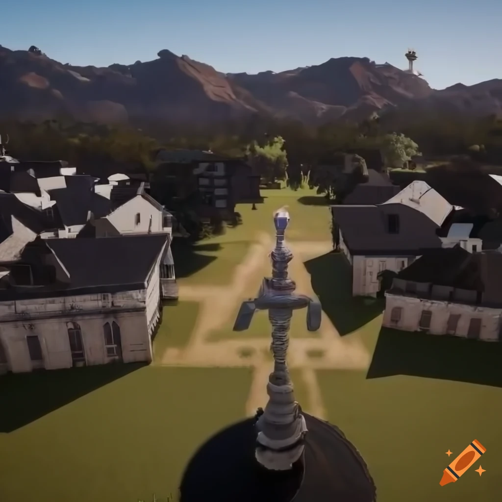 Aerial view of Australian sci-fi town with white houses, church, fountain, and town hall on grassland