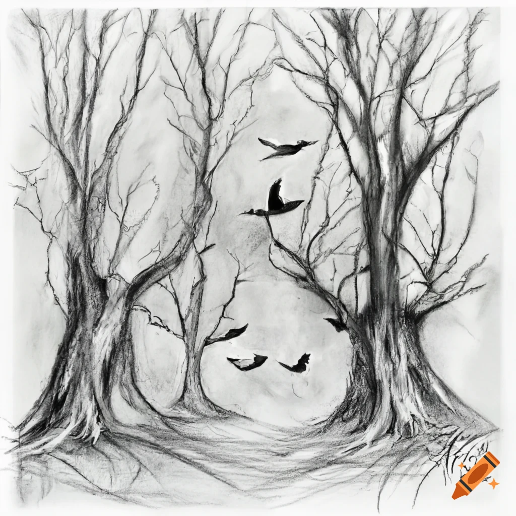 Trees with crow's nests in charcoal black and white drawing