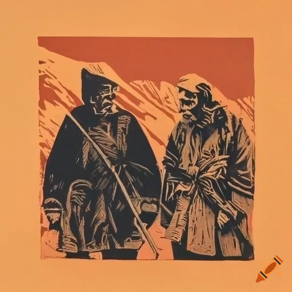 Two mountaineers in a linocut style