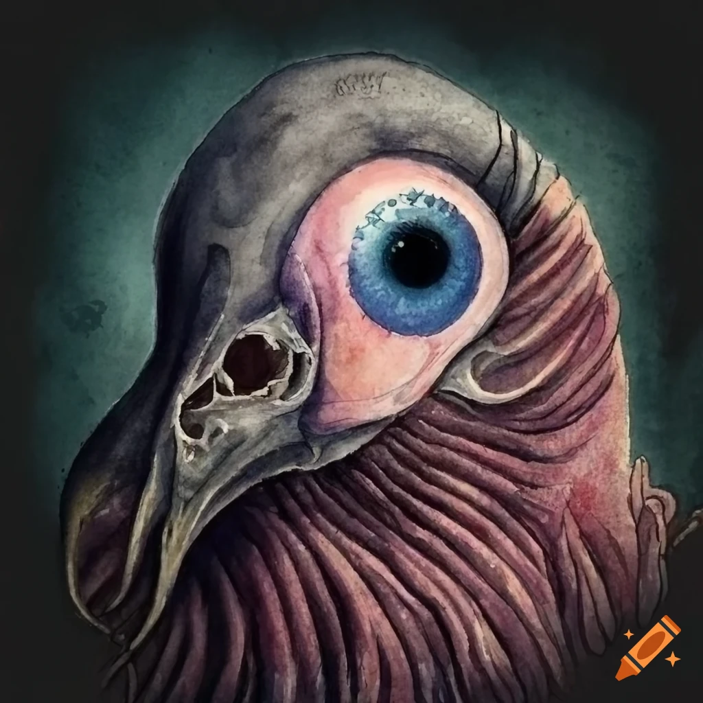 Surreal macabre condor eyeball creature with watercolor wash and micron inks