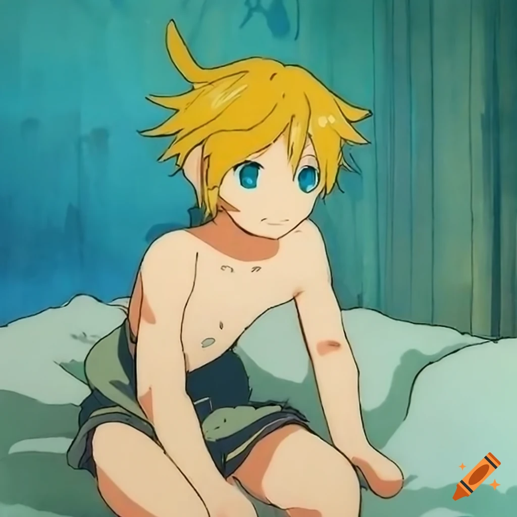 Kagamine Len in bed in Studio Ghibli anime style
