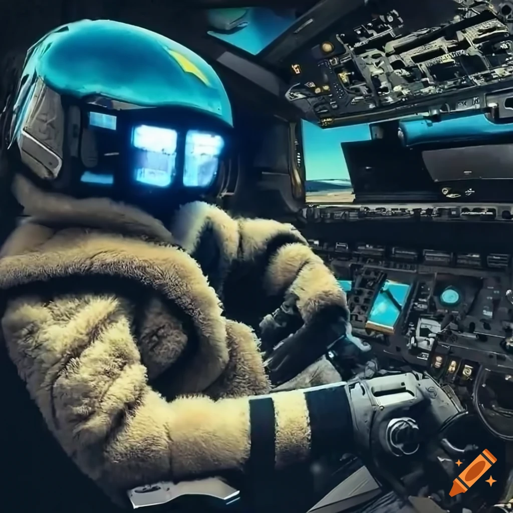 Futuristic robots in sherpalined bomber jackets hugging in a b17