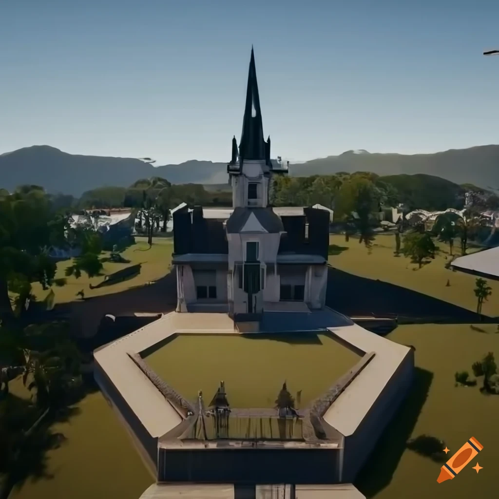 Aerial view of a sci-fi Australian town with white houses, church, square, and farm fields