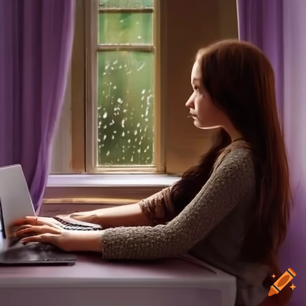 Brown-haired girl sitting at desk by an open window with flowing curtains and rain outside