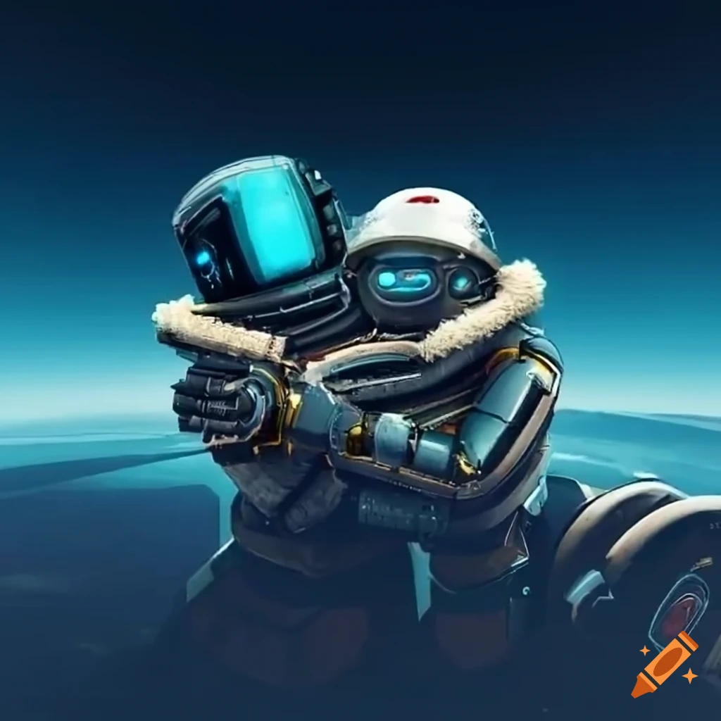 Two futuristic robots hugging in fluffy sherpalined bomber jackets on