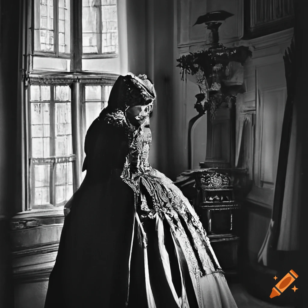 Mourning widow in Victorian attire standing in front of an imposing mansion