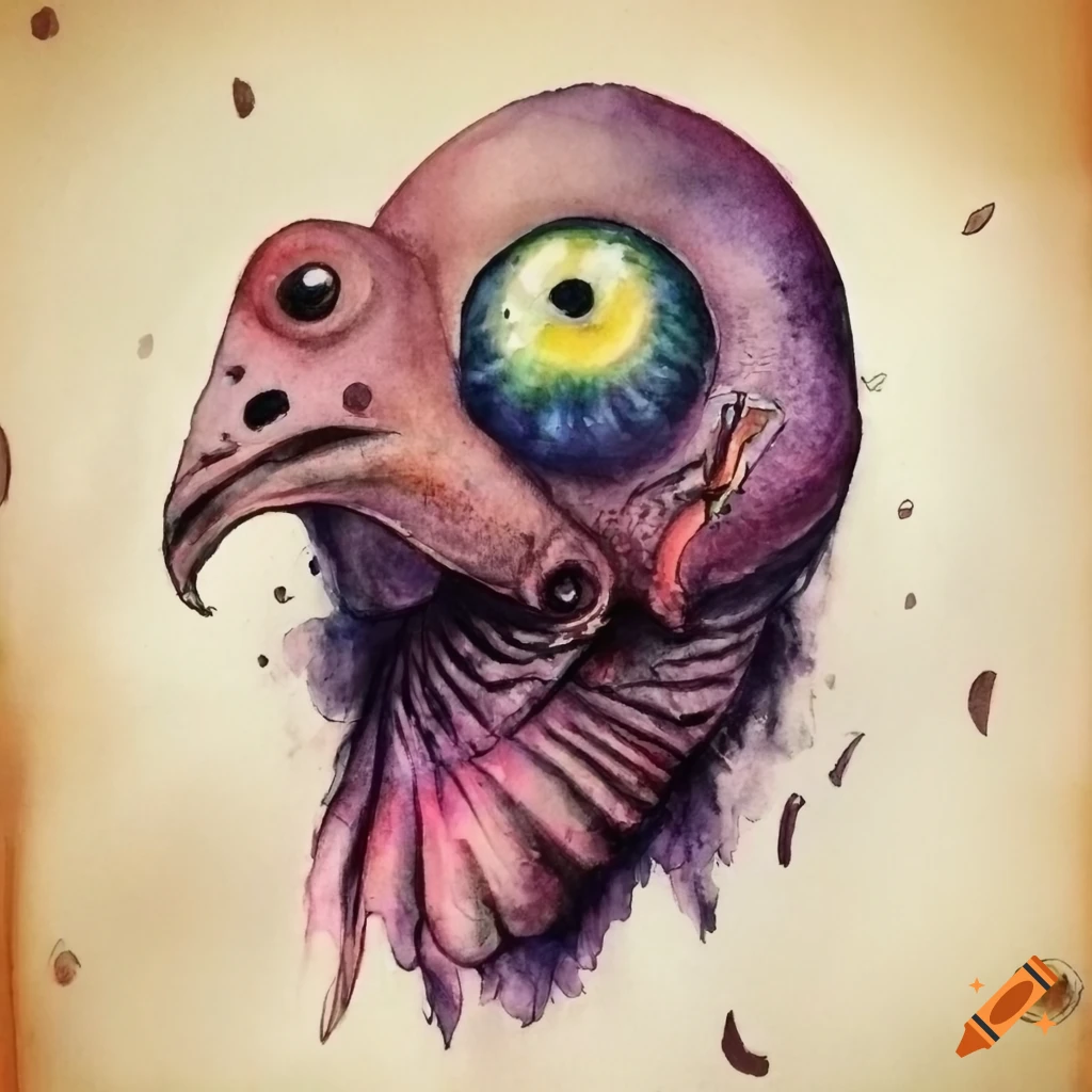 Surreal macabre condor eyeball creature with watercolor wash and micron inks