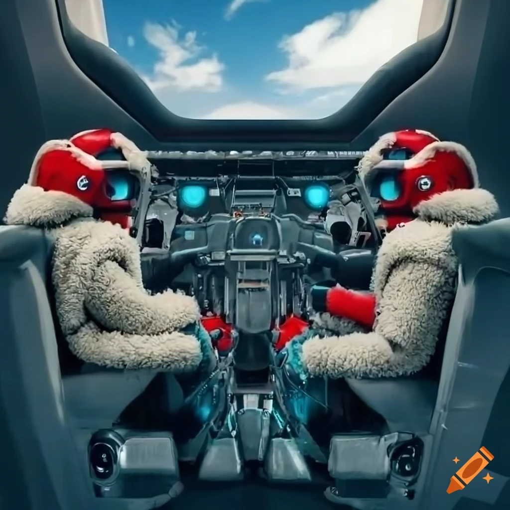 Two scifi robots hugging in bomber jackets inside a futuristic plane