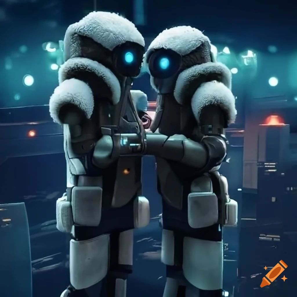 Futuristic scifi robots hugging in fluffy sherpalined bomber jackets