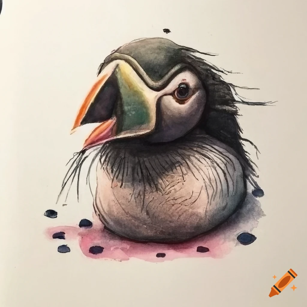 Surreal macabre puffin eyeball creature with watercolor wash
