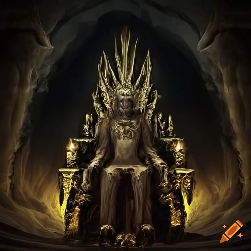 Dark cavern with a golden throne radiating light at the center