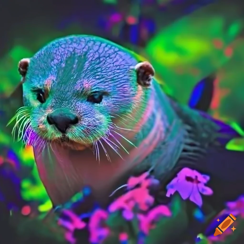 Superpowered white otter with a butterfly on its nose in a vibrant nature scene
