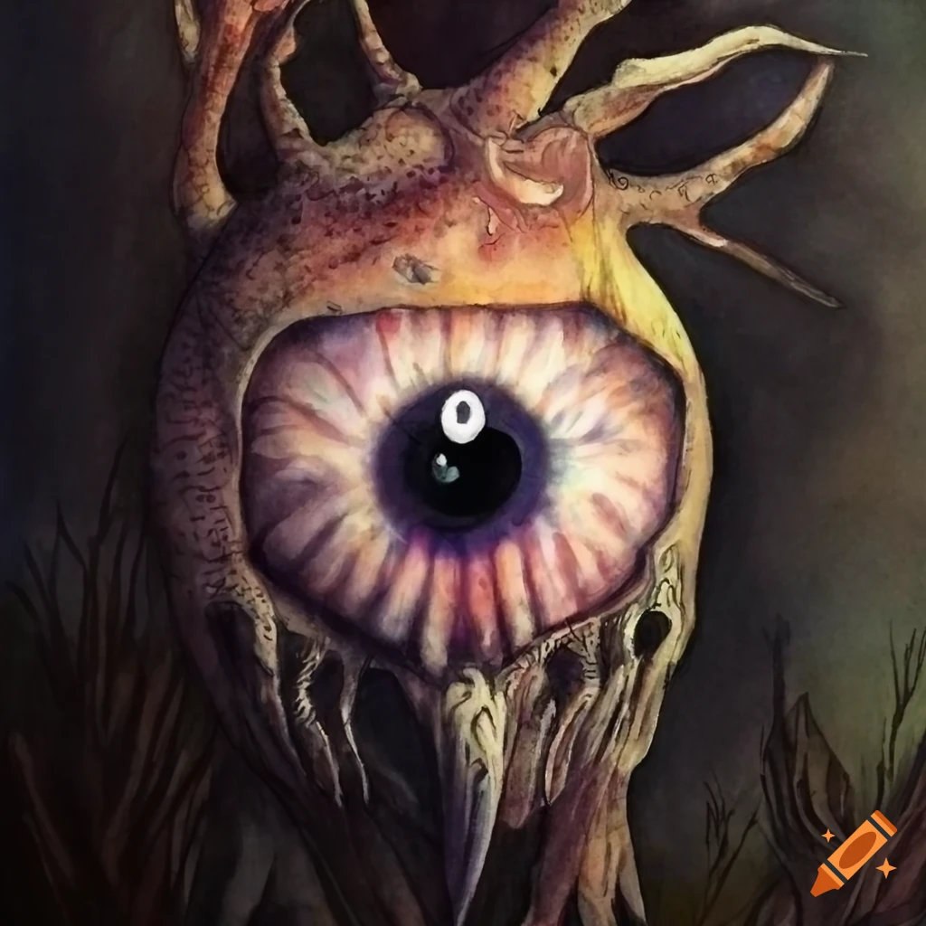Surreal macabre condor-like creature with multiple eyeballs, watercolor and ink