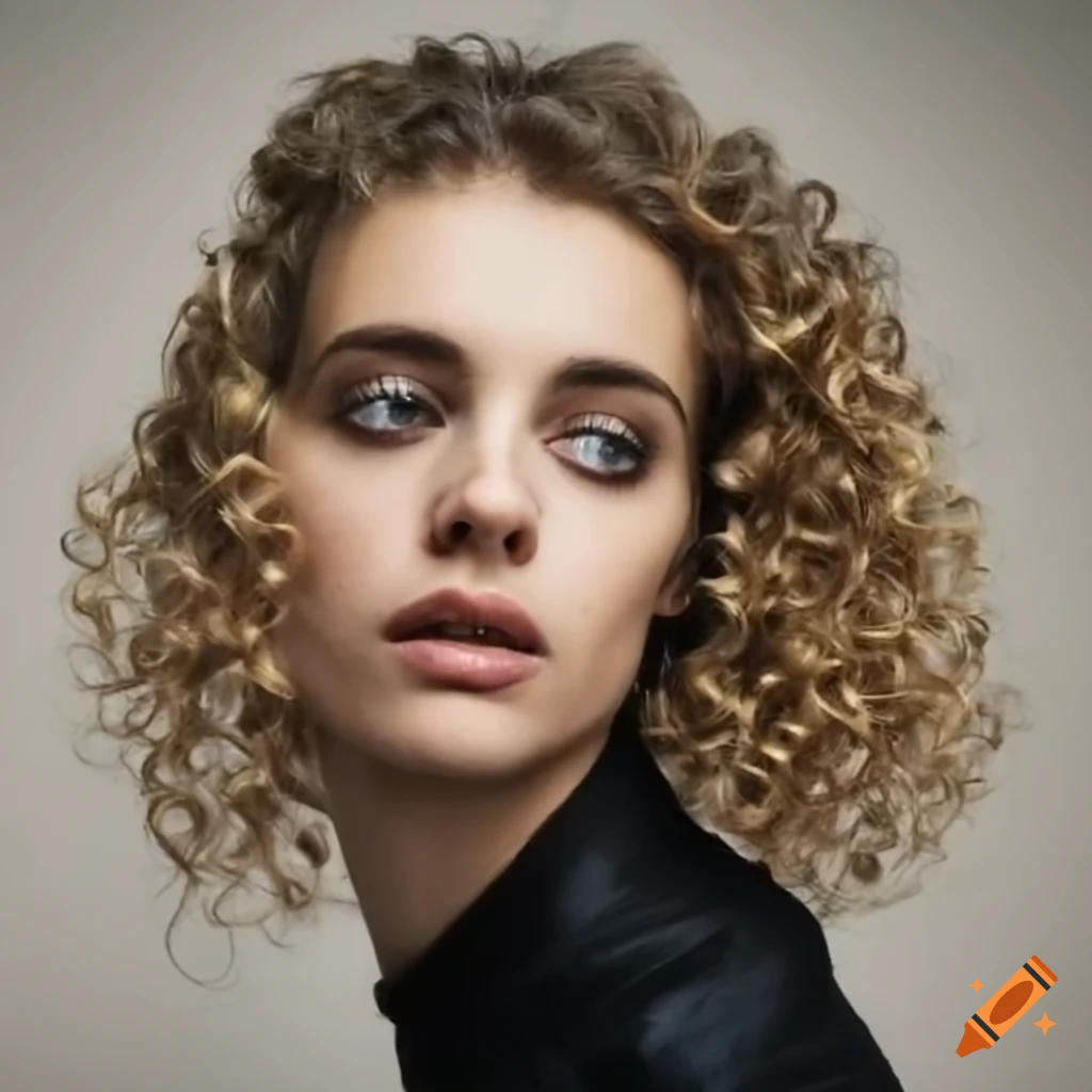 Italian woman with curly hair and greenish grey eyes