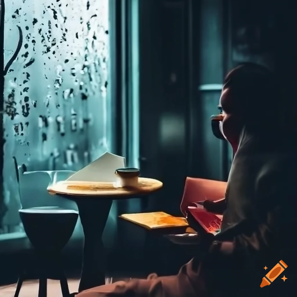 Cozy café on a rainy day with a guy reading books and sipping coffee