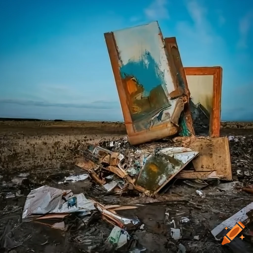 Destroyed old paintings in post-apocalyptic landscape with soft colored sky