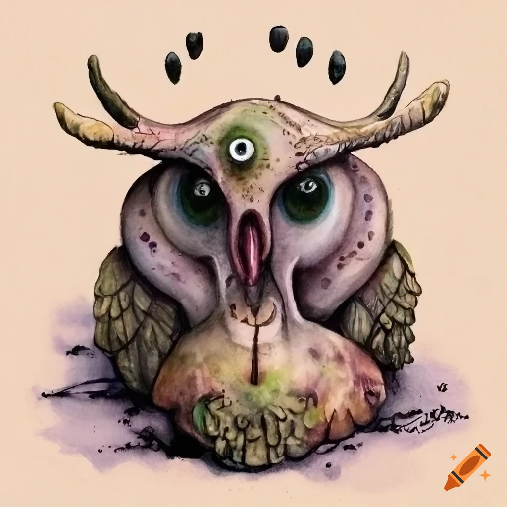 Surreal macabre condor eyeball creature with watercolor wash and micron inks