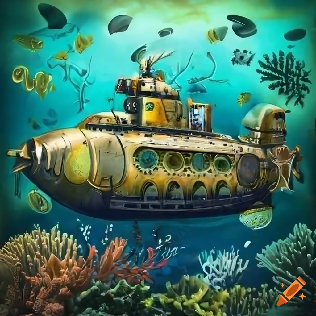 Steampunk submarine navigating through a coral reef surrounded by foliage
