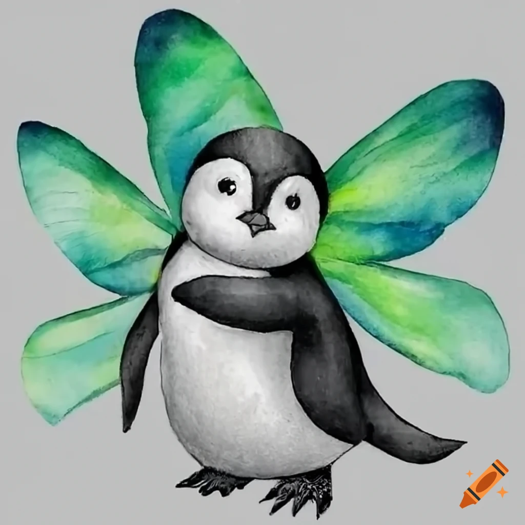 Cute fairy penguin flying by the northern lights