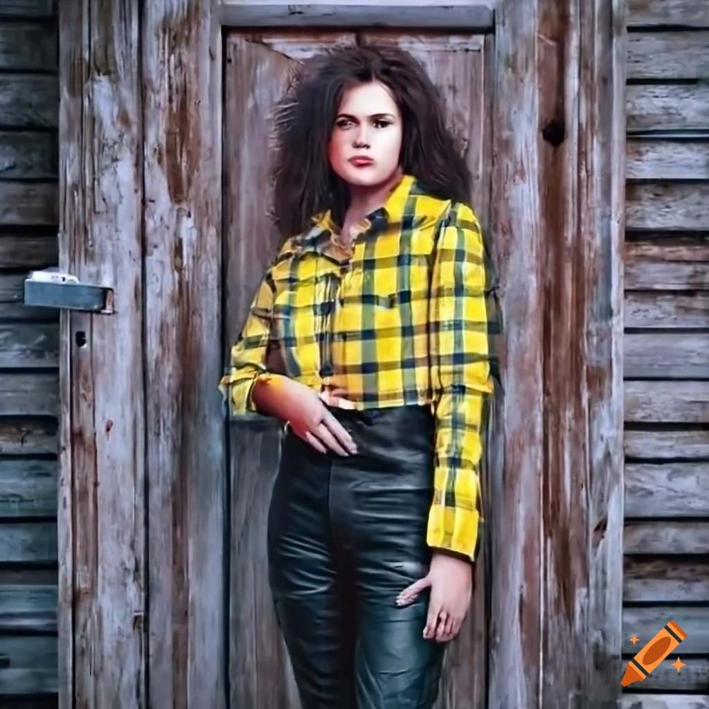 Young woman in yellow plaid shirt and black leather outfit