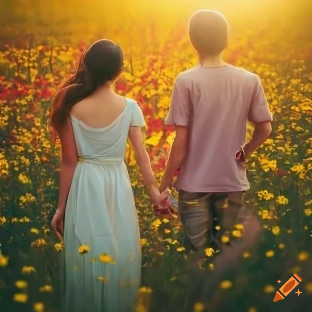 Couple holding hands in a sunlit field of flowers on Craiyon