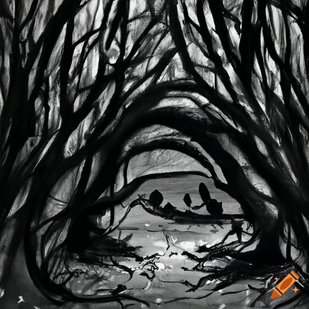 Trees with crow's nests in charcoal black and white drawing